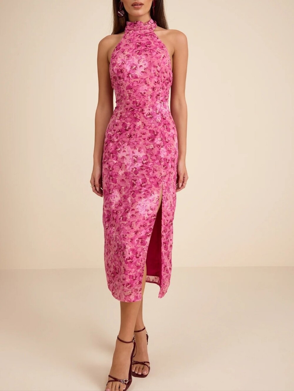 Lulus Lana Fuchsia Floral Jacquard Halter Midi Dress NWT Size M
